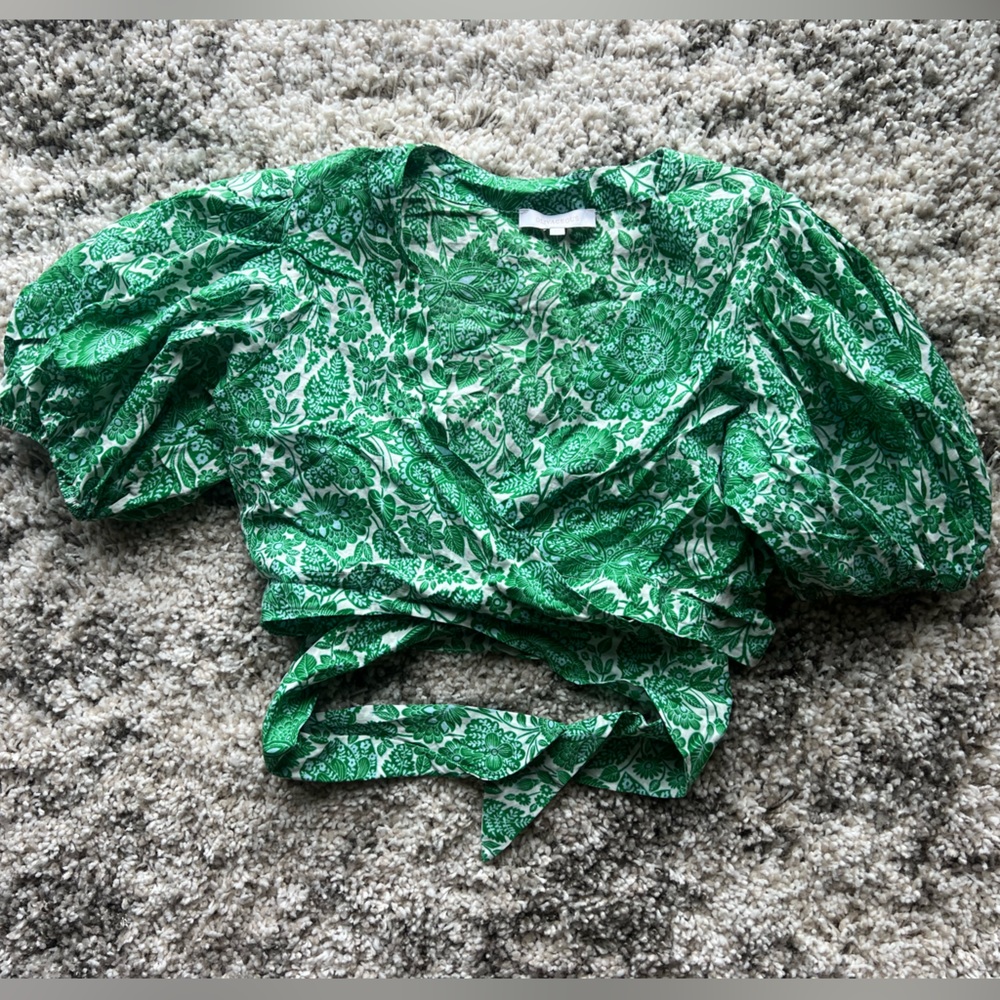 Olivaceous Floral Puff Sleeve Wrap Top in Green